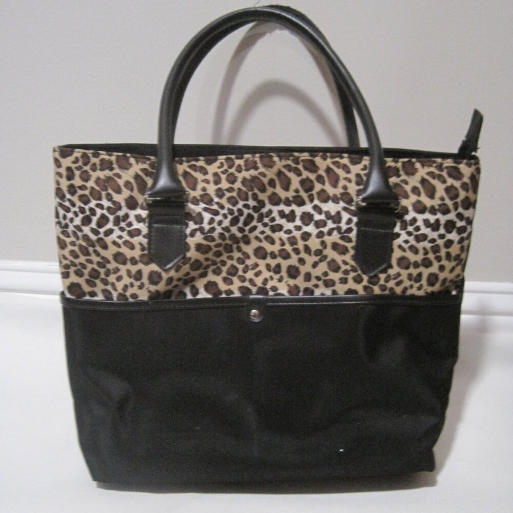 Medium Leopard Print Black Nylon Tote Bag w/ Faux Textured Leather Flap Handles